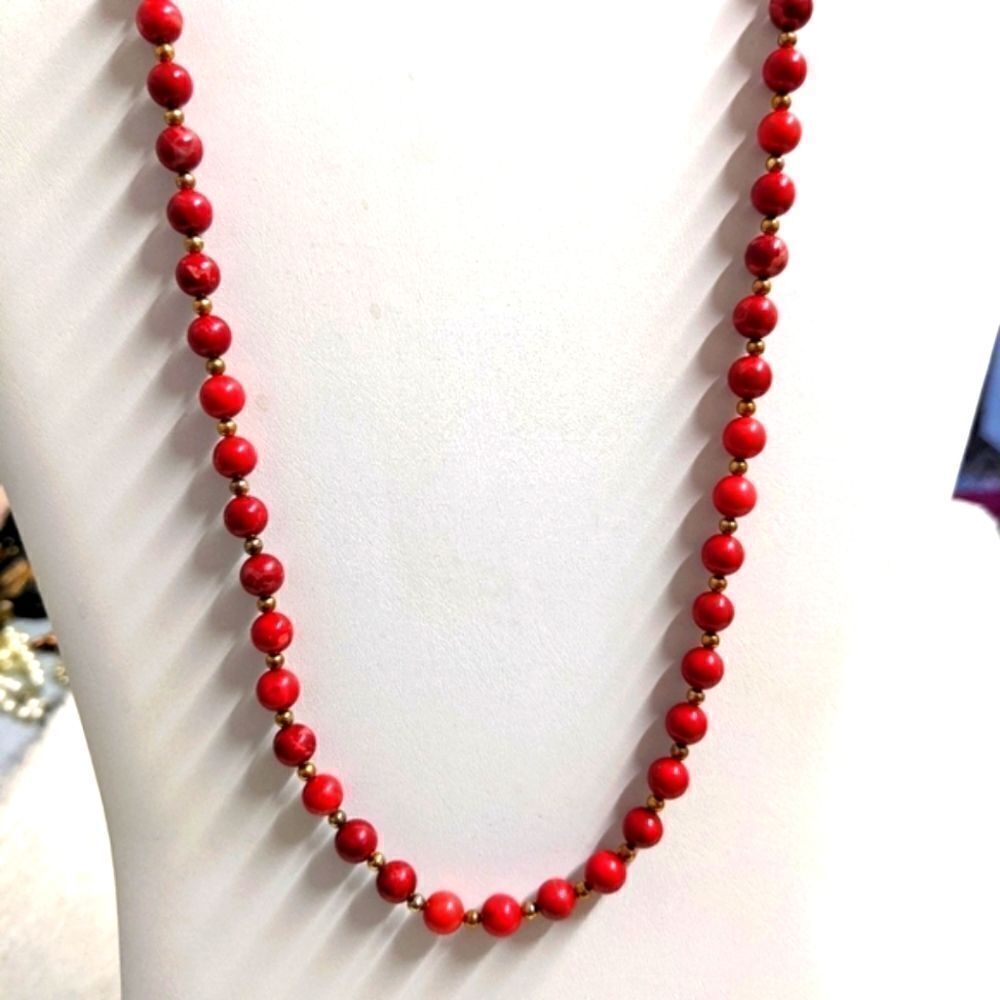 Vintage Red Howelite Bead w/ small Brass Bead Accents Necklace 28" Long